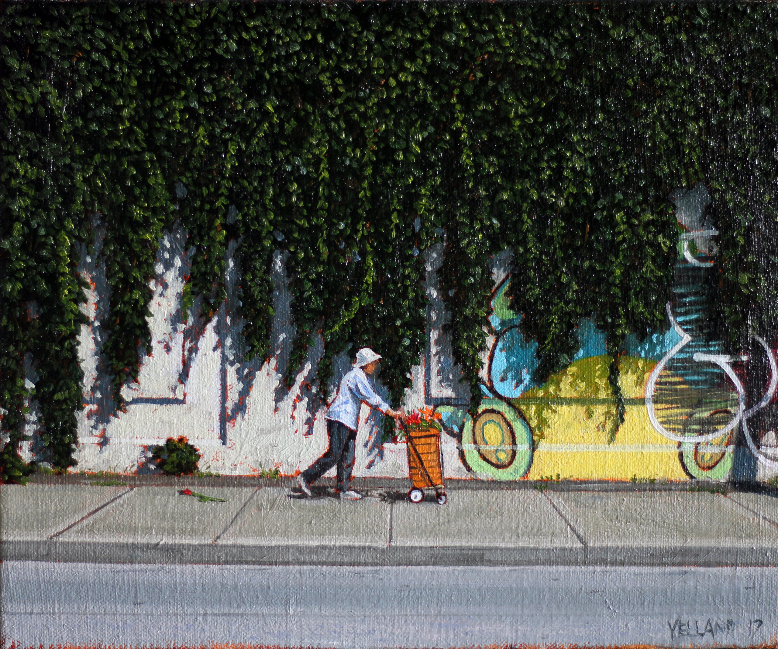 Older lady pushing shopping carrier with flowers next to ivy covered wall.