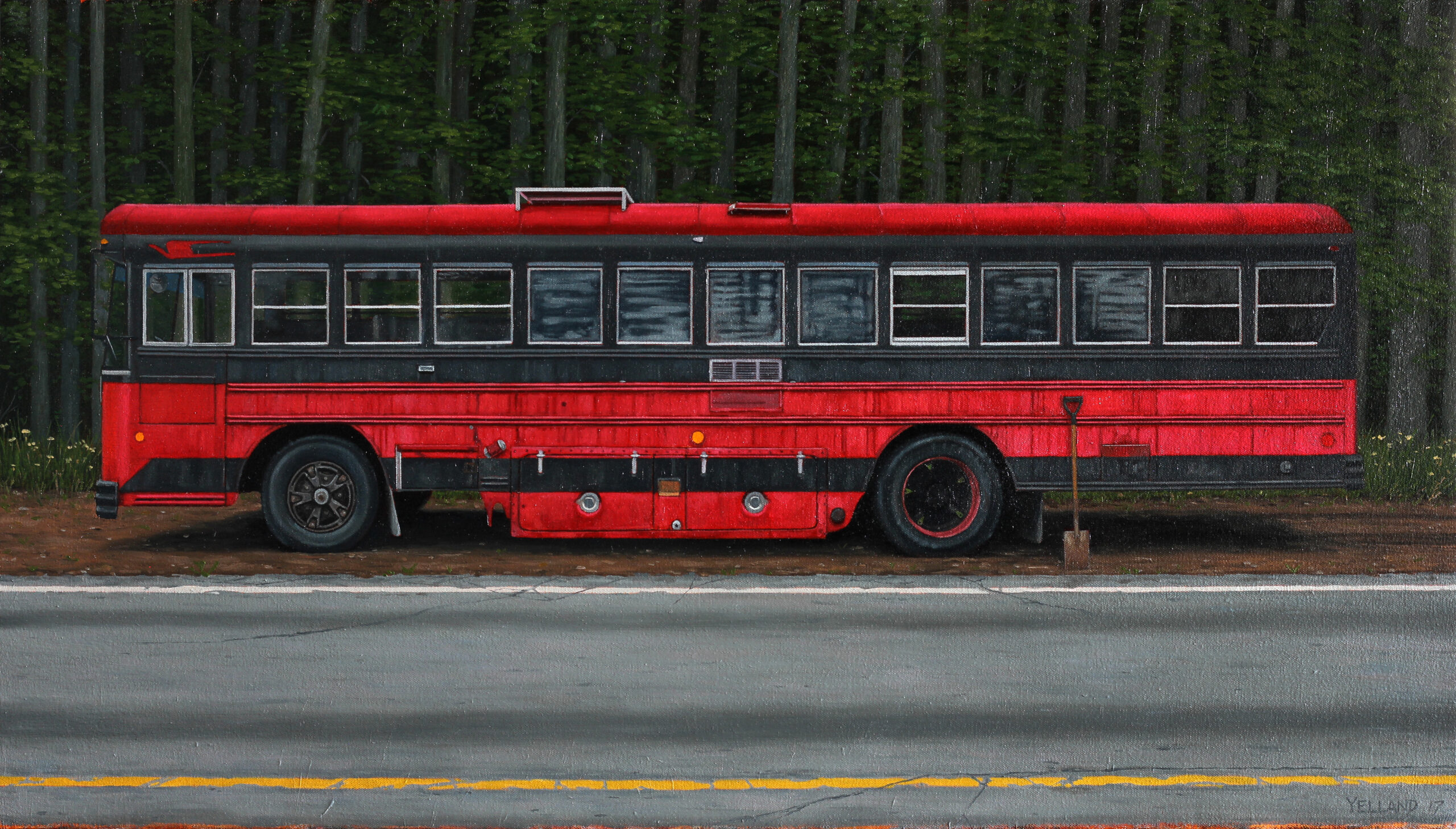 Sean Yelland-Red bus parked on the side of a road, shovel leaning up against the bus