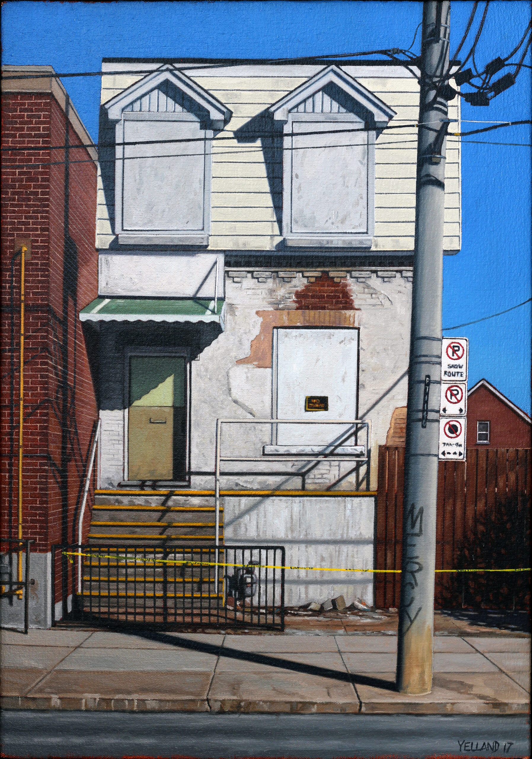 Sean Yelland-Street view of cordoned off house with boarded windows