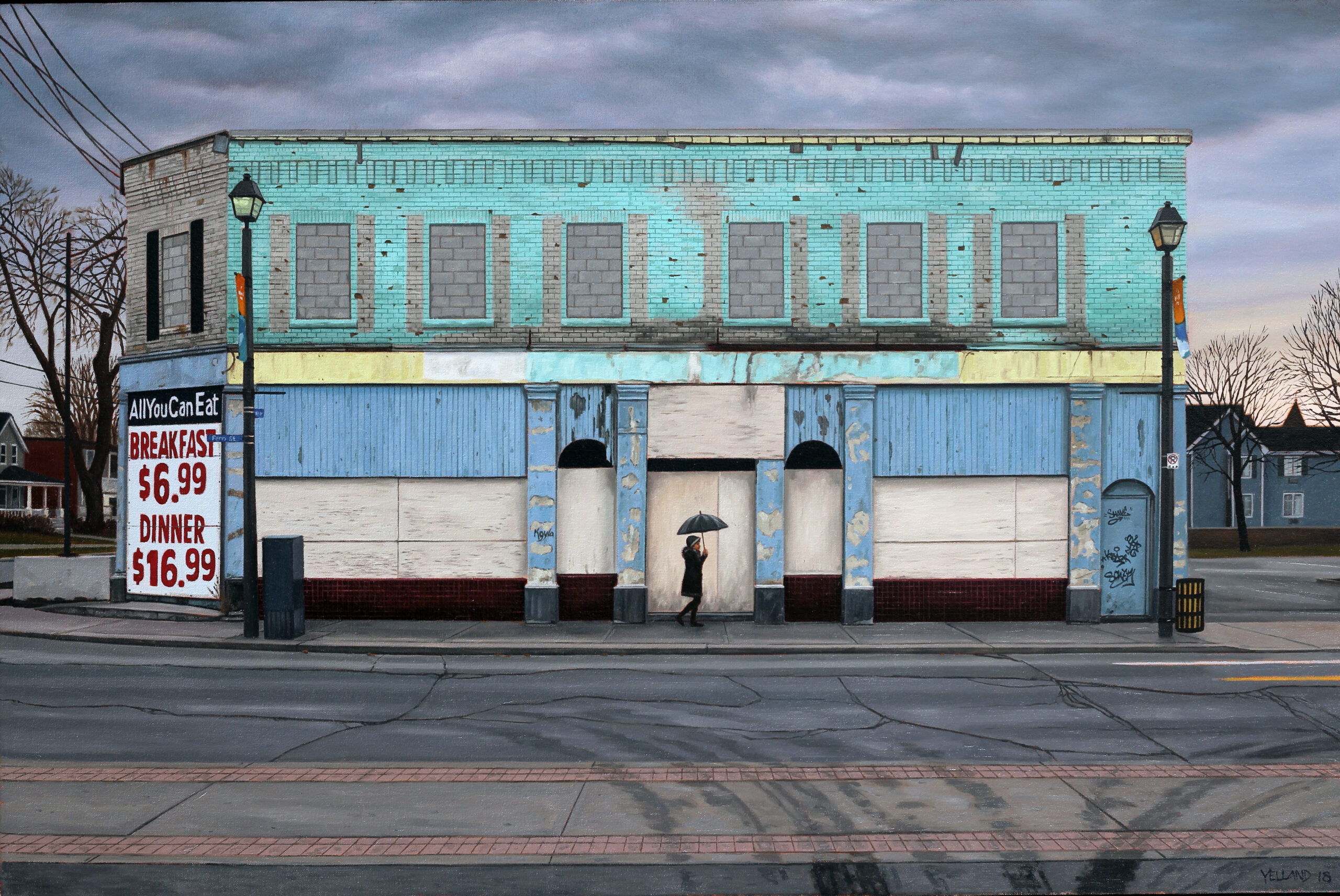 Sean Yelland-Closed restaurant with boarded up windows with breakfast and dinner sign