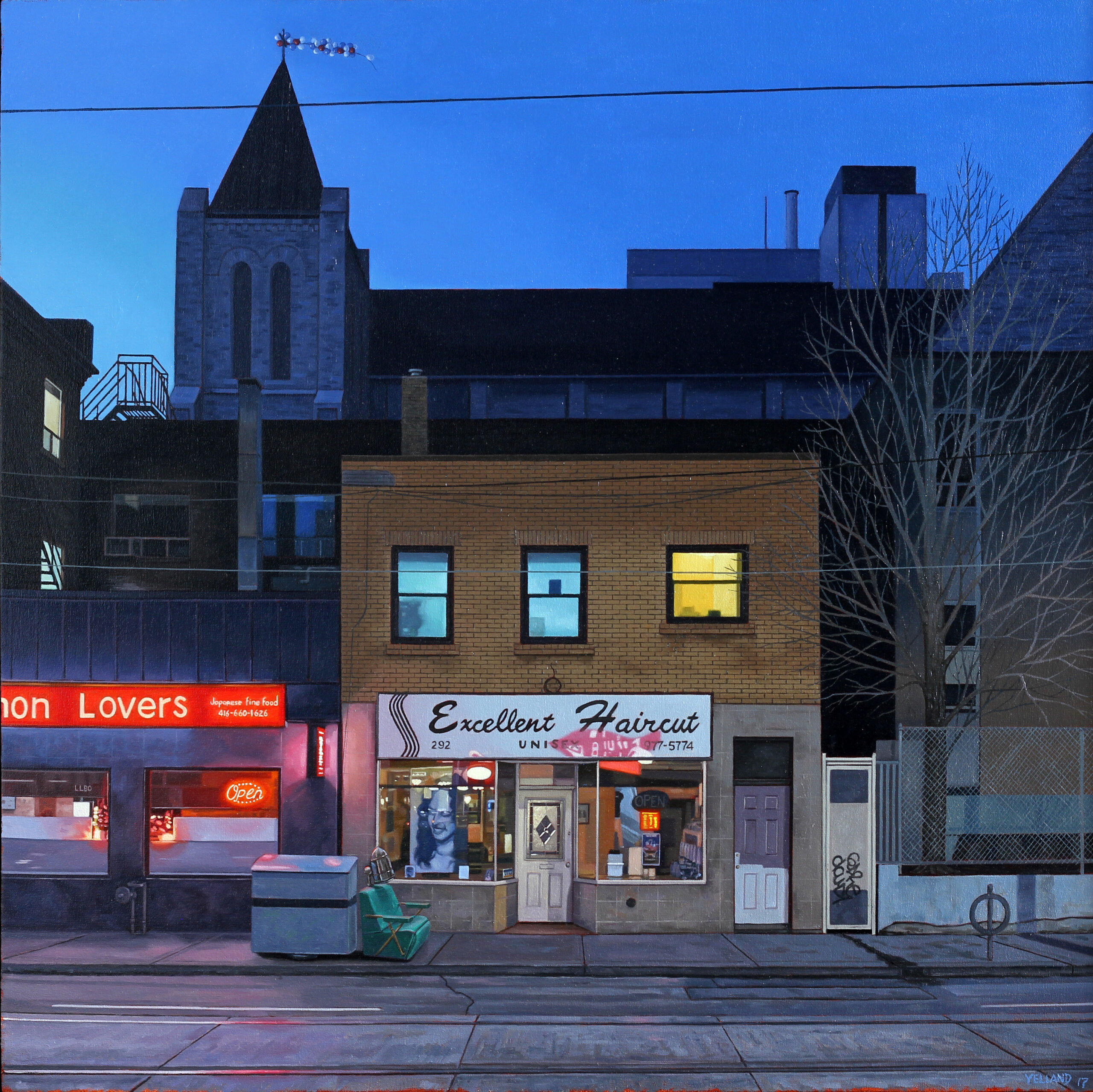 Sean Yelland-Hairdressers at dusk, lights on in windows upstairs, street view with skyline. Green hair drying chair on the street