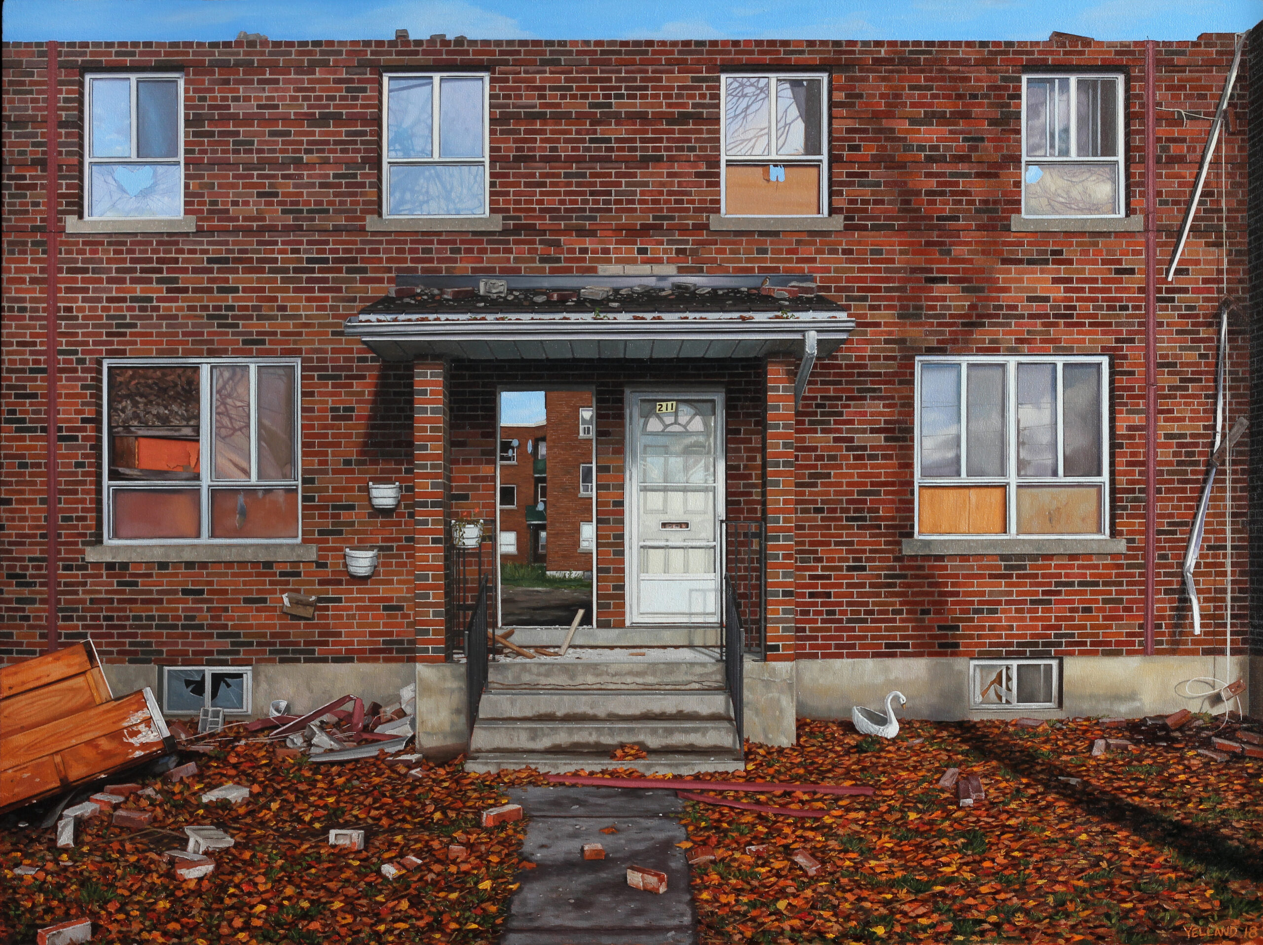 Sea Yelland-Brick Duplex with border up windows, autumn leaves in garden